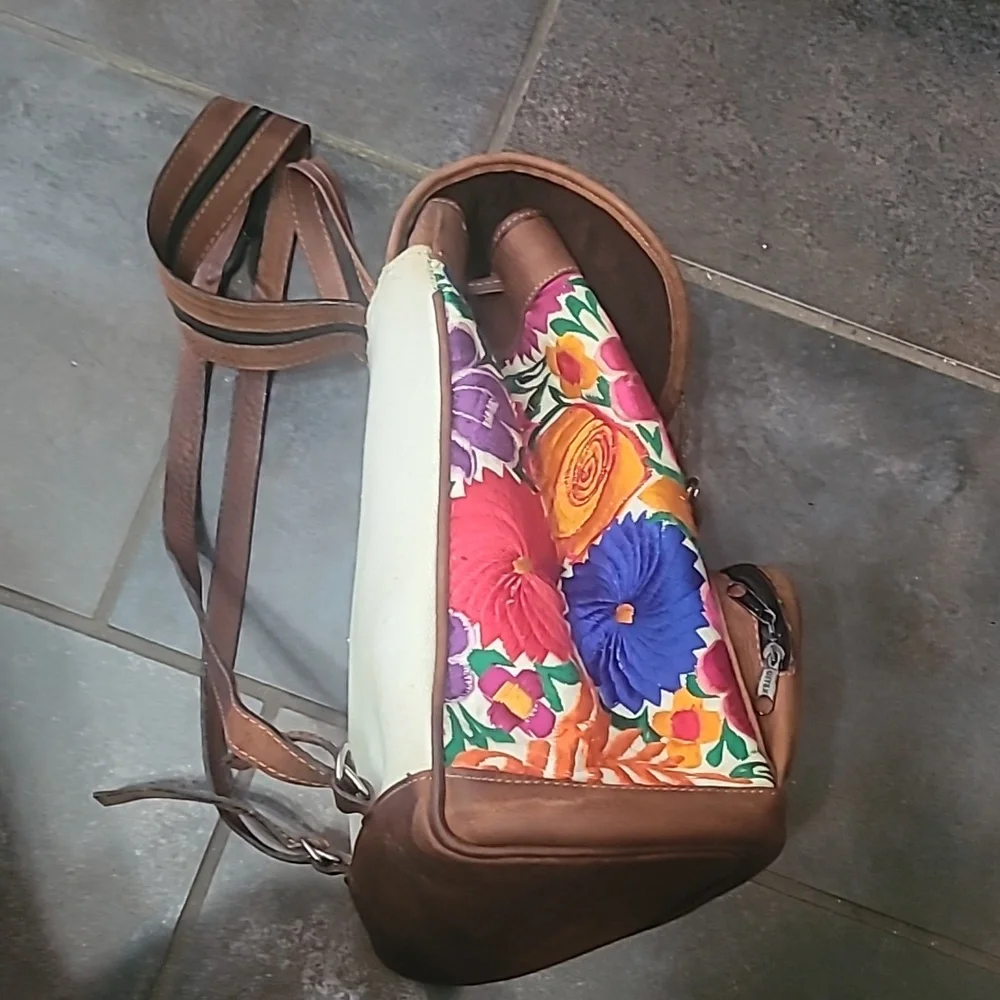 Embroidered Floral Leather-Trim Backpack Purse- Multicolor